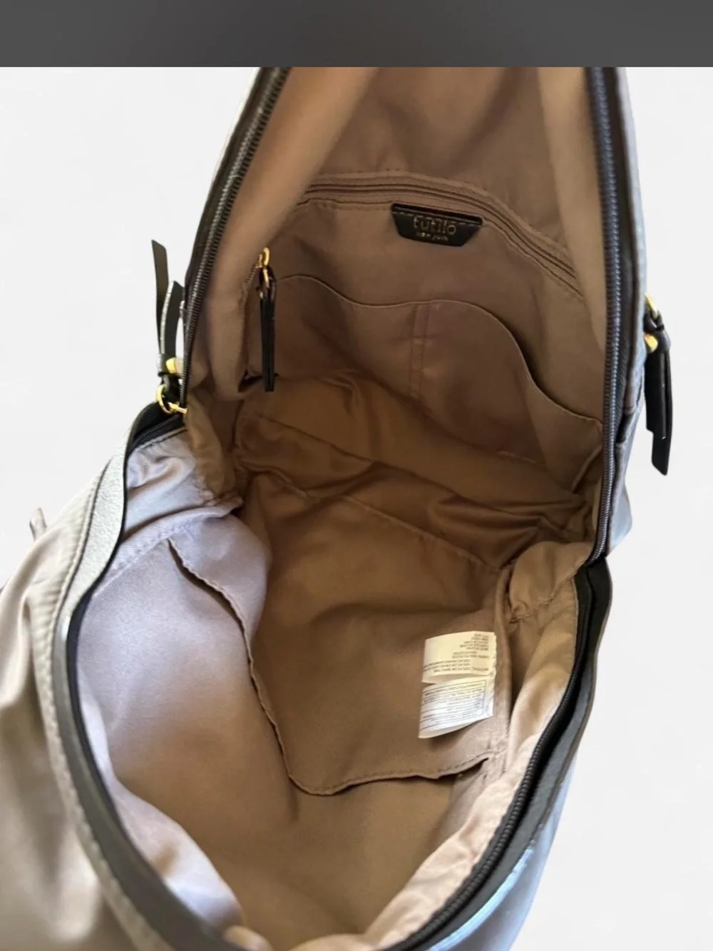 Gray Nylon Backpack with Black Leather Trim and Gold Hardware